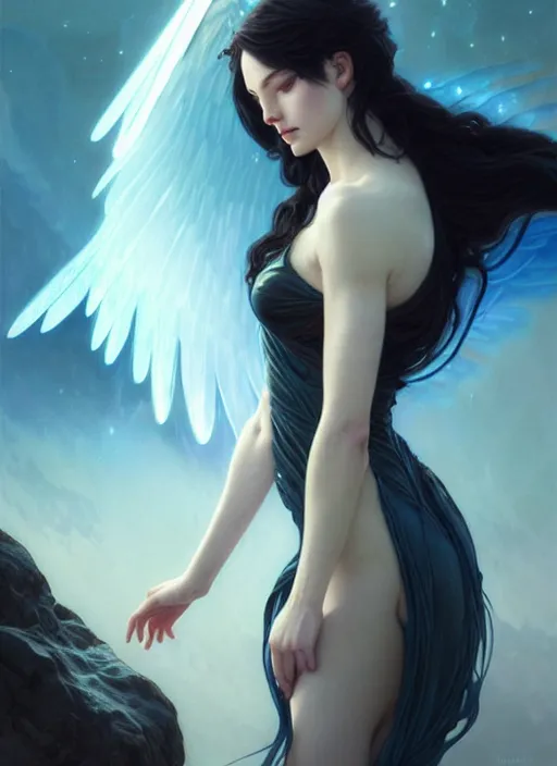 Image similar to a beautiful cinematic female archangel queen, fantasy sea landscape, fantasy magic, short aqua blue black fade hair, dark light night, intricate, elegant, sharp focus, illustration, highly detailed, digital painting, concept art, matte, art by WLOP and Artgerm and Greg Rutkowski and Alphonse Mucha, masterpiece