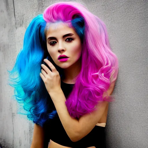 Image similar to a dramatic photo of a beautiful woman with cotton candy hair. with a little bit of cyan and pink