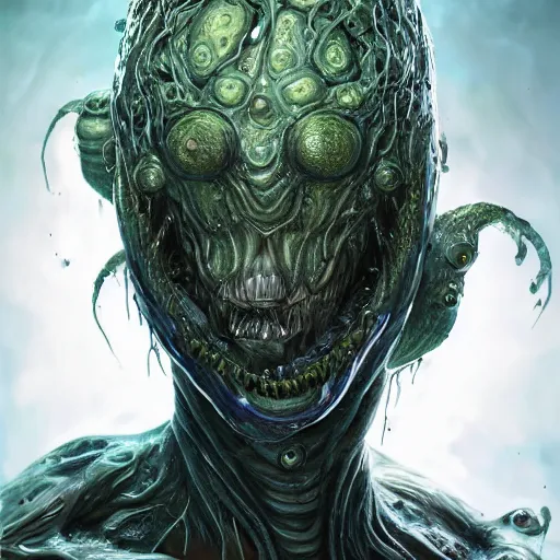 Image similar to portrait of a bloodied ornate filigreed slime dripping genderless insect alien monster, muscles, rippling, space warping and twisting, ultra realistic, concept art, intricate details, eerie, highly detailed, photorealistic, octane render, 8 k, unreal engine. art by artgerm and greg rutkowski and alphonse mucha