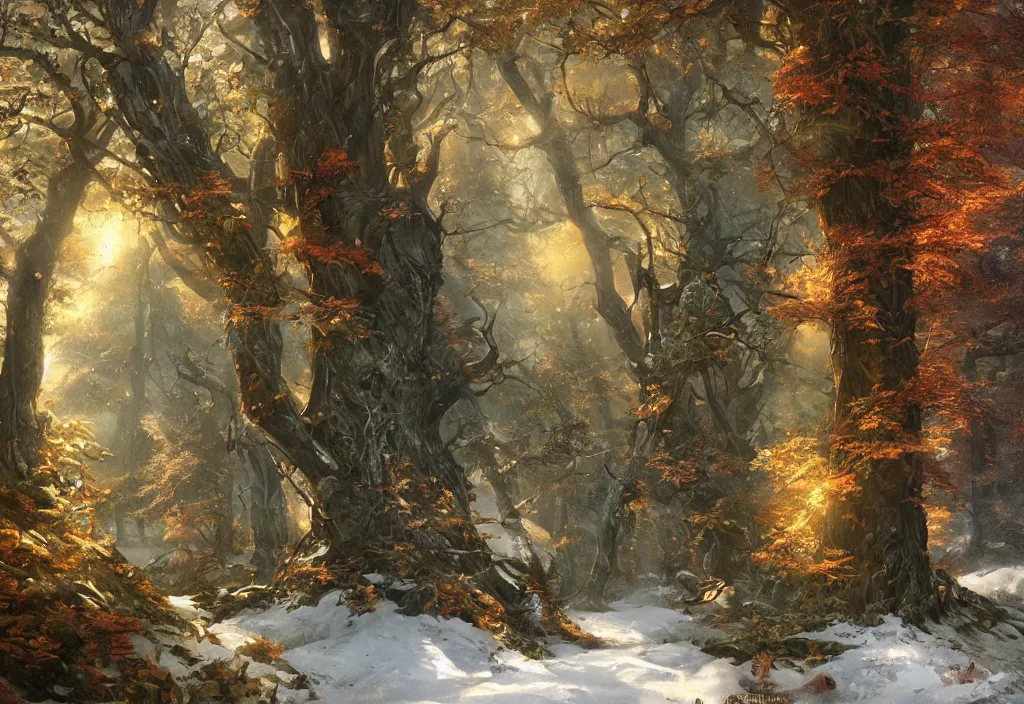 Image similar to tree, spring, summer, autumn, winter, snow, volymetric light, highly detailed matte painting, noriyoshi ohrai, charlie bowater, mark brooks