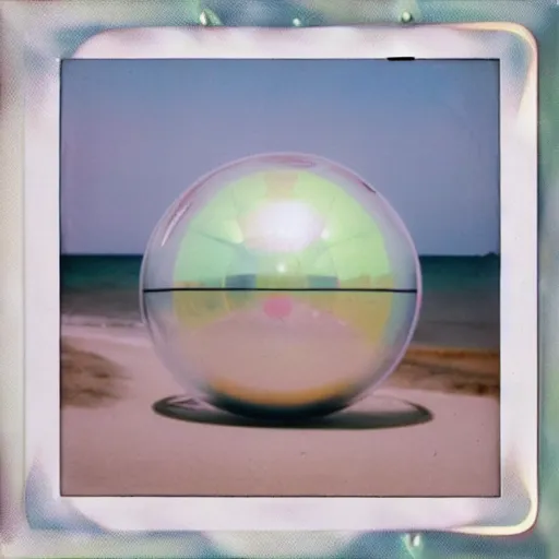 Prompt: a pastel colour high fidelity Polaroid art photo from a holiday album at a seaside with abstract inflatable parachute furniture and spheres, all objects made of transparent iridescent Perspex and metallic silver, no people, iridescence, nostalgic