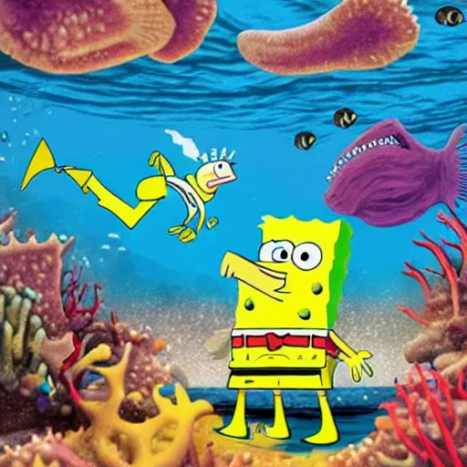 Prompt: spongebob riding a shark under the sea