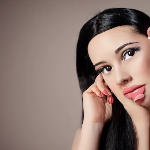 Prompt: girl with black hair and brown eyes, bigger forehead, photo shoot, in a dress