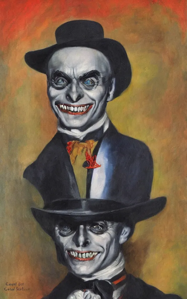 Prompt: portrait of conrad veidt the man who laughs freakish grin, award winning oil painting, sharp color palette