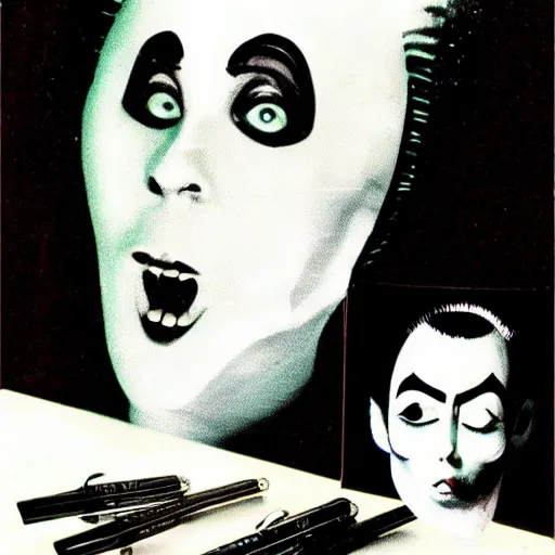 Prompt: a product photo ad of a technical reed rollerball pen exacto knife by junji ito and endorsed by klaus nomi, ethereal eel