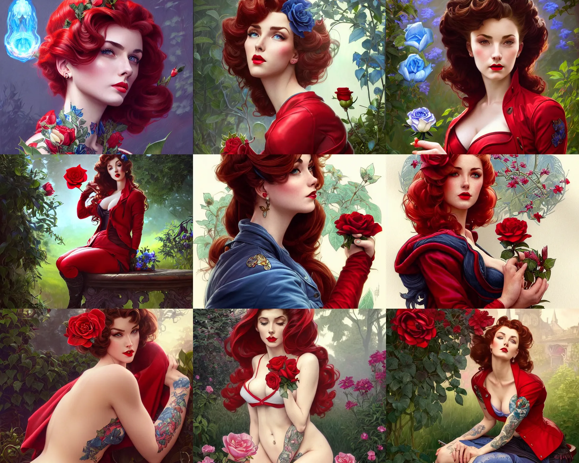 Prompt: red jacket tattooed pinup british girl sits on a garden smelling a blue rose, deep focus, turnaround, fantasy, intricate, elegant, highly detailed, digital painting, artstation, concept art, matte, sharp focus, illustration, hearthstone, art by artgerm and greg rutkowski and alphonse mucha.