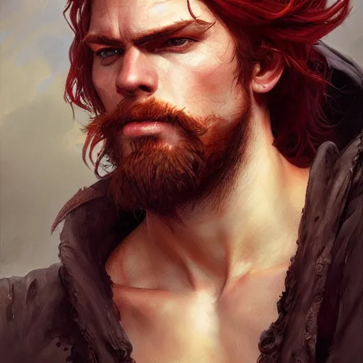 Image similar to portrait of a young rugged pirate, male, masculine, upper body, red hair, long hair, d & d, fantasy, intricate, elegant, highly detailed, digital painting, artstation, concept art, matte, sharp focus, illustration, art by artgerm and greg rutkowski and alphonse mucha