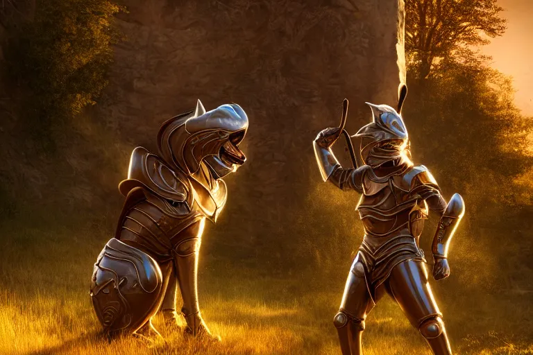 Prompt: cool looking anthrophomorphic cat in armor, sheathed weapon, fantasy, unreal engine, realistic, golden hour, professional photography, mild depth of field, cinematic lighting, 8 k