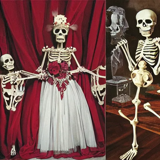 Prompt: a skeleton Queen, France, wine, costumes, two twin servants, the shining, red and white flowers, perfume, baroque, Dutch masters, Stanley Kubrick