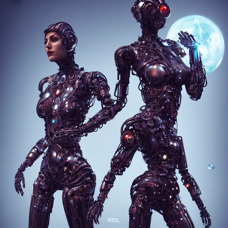 Image similar to full lenght shot, super hero pose, woman in biomechanical dress, inflateble shapes, wearing epic bionic cyborg implants, masterpiece, intricate, biopunk futuristic wardrobe, highly detailed, artstation, concept art, background galaxy, cyberpunk, octane render