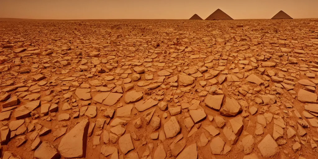 Prompt: pyramids on martian landscape, stunning architecture, wide angle lens, dramatic lighting,