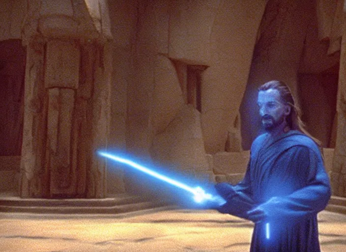 Image similar to screenshot of the force ghost glowing blue spirit of qui gon jinn speaking to Luke skywalker, in a hazy lit ancient Jedi cathedral, screenshot from the 1970s star wars thriller directed by stanley kubrick, Photographed with Leica Summilux-M 24 mm lens, ISO 100, f/8, Portra 400, kodak film, anamorphic lenses