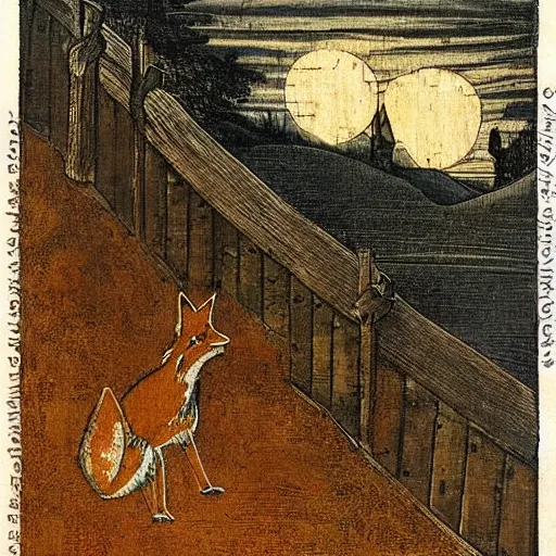 Image similar to one lone fox ontop a wooden fence, painted by da vinci