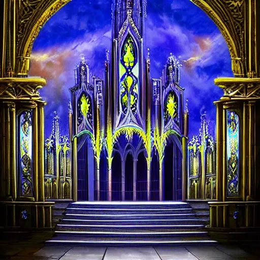 Image similar to ornate gothic performace stage with lights and large sound speaksers, by Megan Duncanson and Raphael Lacoste, detailed 3d gothic oil painting