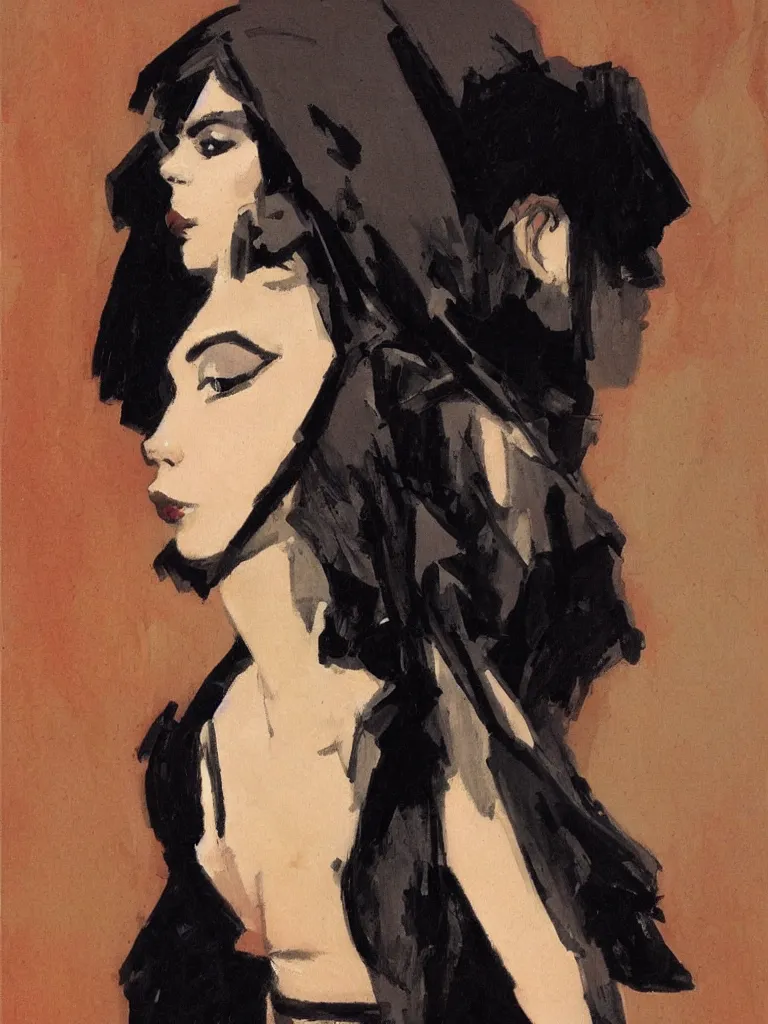 Image similar to portrait profile of one mysterious dark beautiful women in 1 9 7 8, oil painting by john watkiss