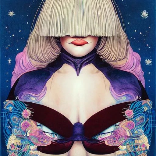 Image similar to portrait of crazy beautiful singer sia kate isobelle furler, big ribbon, symmetrical, by yoichi hatakenaka, masamune shirow, josan gonzales and dan mumford, ayami kojima, takato yamamoto, barclay shaw, karol bak, yukito kishiro