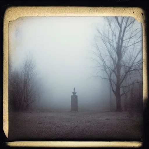 Image similar to the fog is thick shelter for ghosts, polaroid photography in style of andrey tarkovski, eerie, mystical, sublime