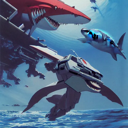 Prompt: shark gundam, amphibious combat mecha stepping onto a beach holding a scifi weapon by wayne barlowe, pascal blanche, gundam box art