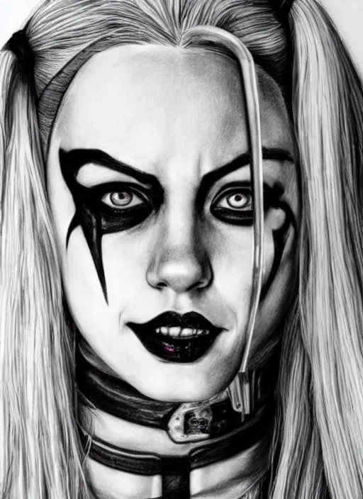 Image similar to a pencil drawing of harley quinn, hyper realistic, highly detailed