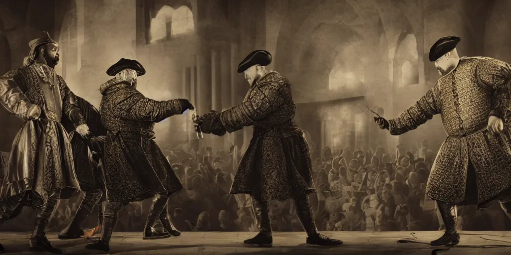 Image similar to rap battle microphone between a modern man and henry viii, grime, realistic 4 k octane beautifully detailed render, 4 k post - processing, highly detailed, intricate complexity, epic composition, magical atmosphere, cinematic lighting, masterpiece, ultra hd