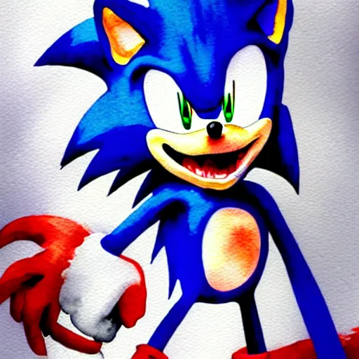 Image similar to a terrifying watercolor sonic the hedgehog, teeth fangs horror creepypasta