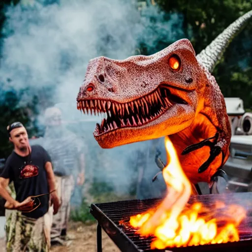 Image similar to photo of a chef roasting a realistic dinosaur on a grill