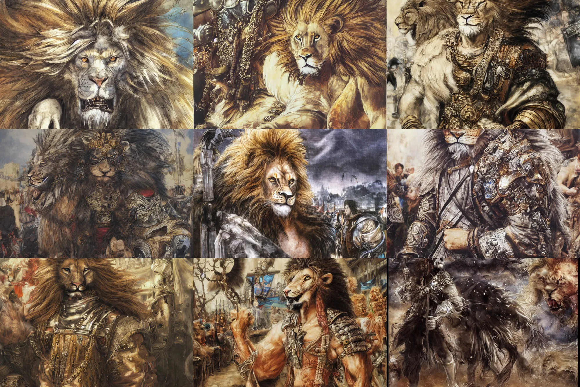 Image similar to 8k Yoshitaka Amano painting of upper body of a young cool looking lion beastman with white mane at a medieval market at windy day. Depth of field. He is wearing complex fantasy clothing. He has huge paws. Renaissance style lighting.