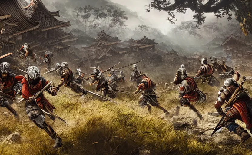 Image similar to highly detailed digital illustration of shinobi warriors running through old, ruined, japanese village from sengoku period, surrounded by dense rock formations, high in mountains, cinematic lighting, photobash, raytracing, volumetric lighting