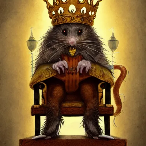 Prompt: a sewer rat wearing a golden crown, on a throne's seat, prize winning, trending on artstation, fantasy illustration, warm tones, comedic, digital art