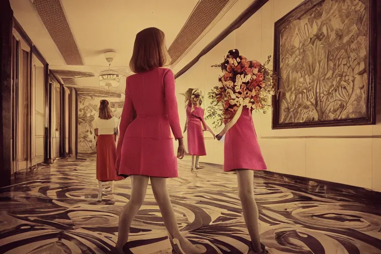 Image similar to giant flower head, girl walking in 1 9 6 0 hotel, surreal, symmetry, flat space, fanciful, hue, detailed, wes anderson