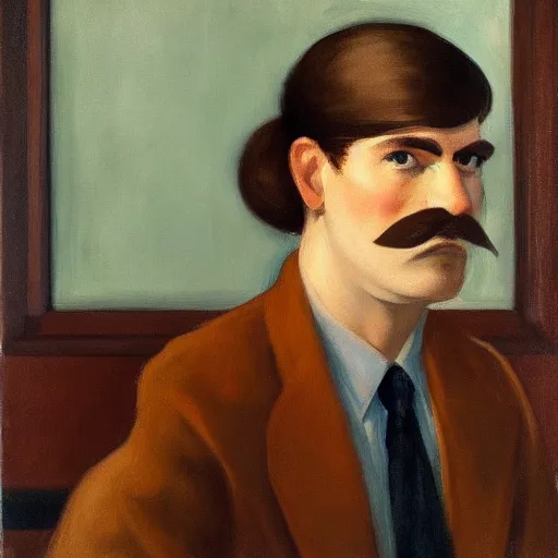 Image similar to a brown haired man with a short mustache staring deeply at camera, detailed, edward hopper,