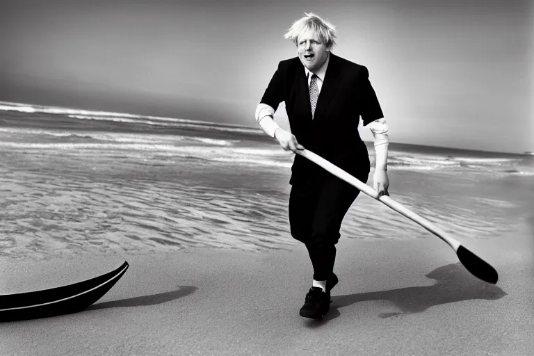 Prompt: closeup portrait of boris johnson at the beach moving britain with an oar, natural light, sharp, detailed face, magazine, press, photo, steve mccurry, david lazar, canon, nikon, focus