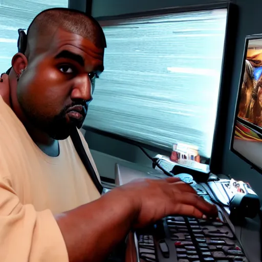 Prompt: obese Kanye West wearing a headset yelling at his monitor while playing WoW highly detailed wide angle lens 10:9 aspect ration award winning photography