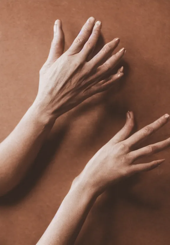 Image similar to a photo of one ultra detailed photorealistic woman's hand with cupped palm up, back of hand on the table, palm pattern visible, instagram photo, studio photo, 9 0 mm, f / 1. 4