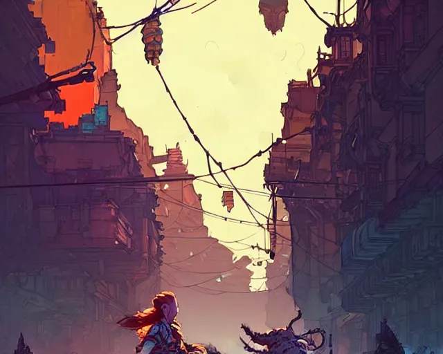 Image similar to Aloy of horizon zero dawn in a street with lamps, road, illustration, wide shot, subtle colors, post grunge, concept art by josan gonzales and wlop, by james jean, Victo ngai, David Rubín, Mike Mignola, Laurie Greasley, highly detailed, sharp focus, Trending on Artstation, HQ, deviantart, art by artgem