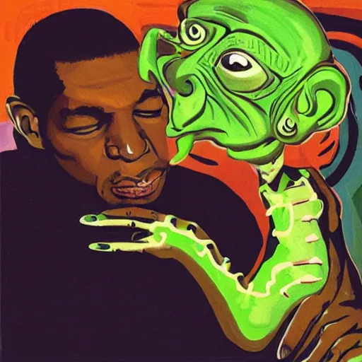 Prompt: john coltrane snuggling a slimy goblin