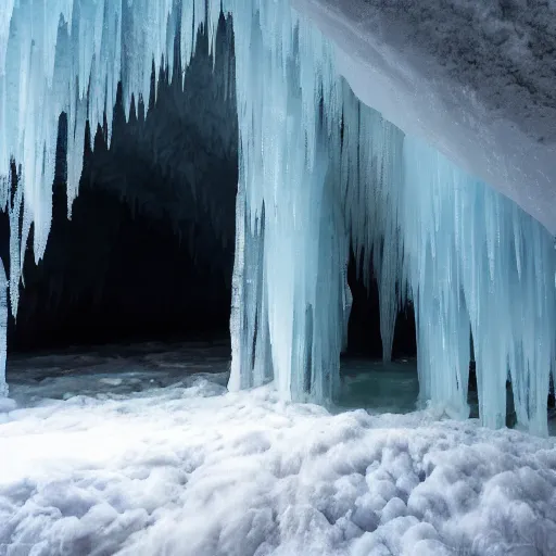 Prompt: dark massive ice cave with rushing water flowing through,