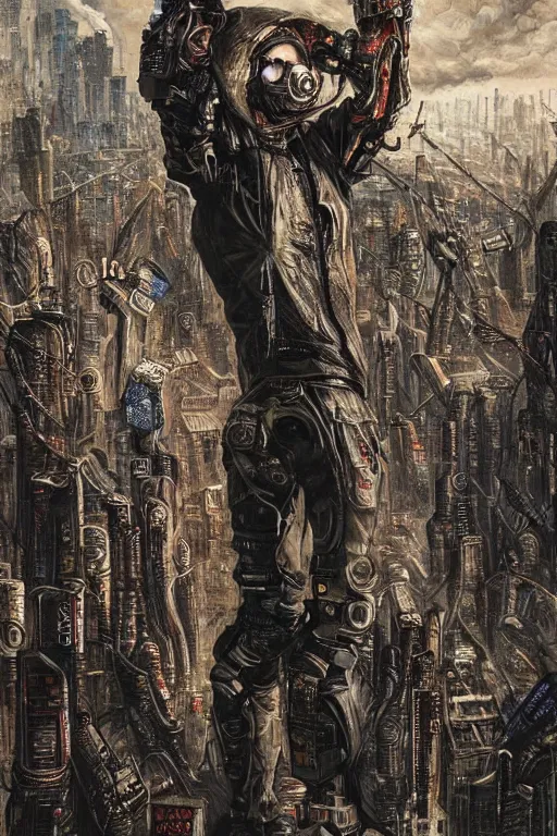 Image similar to a high hyper detailed painting with many textures and of a rebellious and punk humanoid cyborg p with leather jacket has expressions of anger and hate and wants to destroy the city of pollution and pollution, cyber punk dystopian art