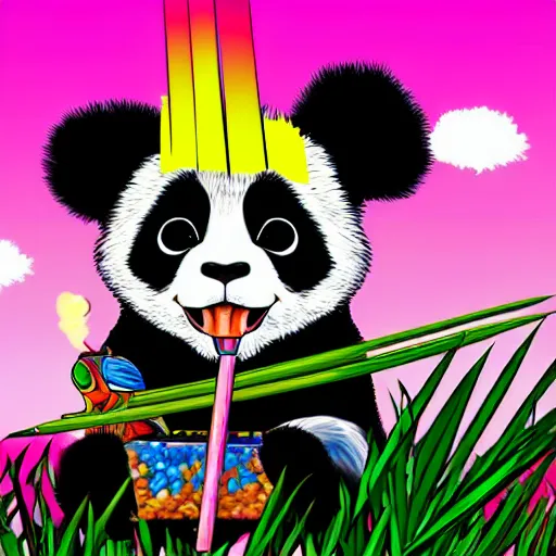 Image similar to a panda eating a sugar cane, wearing a fish tank on his head, digital art, synthwave style