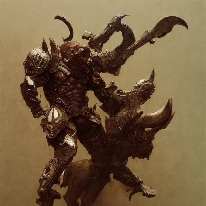 Image similar to minotaur in ancient armor, muscular body, beksinski, ruan jia, trending on artstation