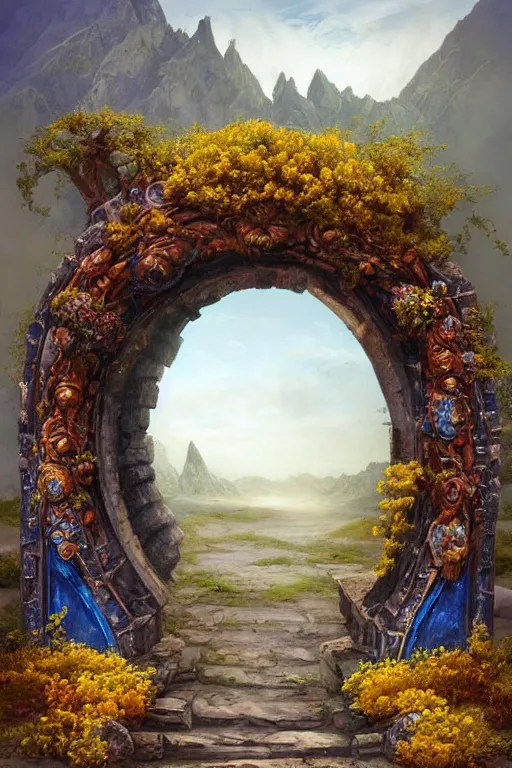 Image similar to A giant medieval fantasy blue energy portal gate with a rusty gold carved lion face at the center of it, the portal takes you to another world, full of colorful flowers on the lost Vibes and mountains in the background, spring, delicate fog, sea breeze rises in the air, by andreas rocha and john howe, and Martin Johnson Heade, featured on artstation, featured on behance, golden ratio, ultrawide angle, f32, well composed, rule of thirds, center spotlight, low angle view