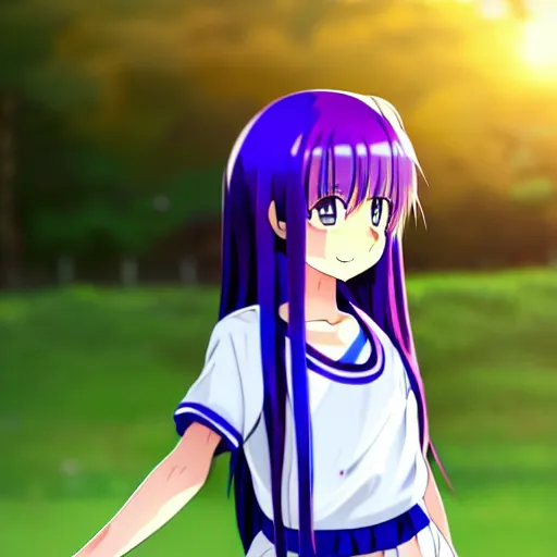 Prompt: A cute young anime girl with long blueish indigo hair, wearing a white soccer uniform with shorts, soccer ball against her foot, in a large grassy green field, shining golden hour, she has detailed black and purple anime eyes, extremely detailed cute anime girl face, she is happy, child like, Japanese shrine in the background, Higurashi, black anime pupils in her eyes, Haruhi Suzumiya, Umineko, Lucky Star, K-On, Kyoto Animation, she is smiling and happy, tons of details, sitting on her knees on the grass, chibi style, extremely cute, she is smiling and excited, her tiny hands are on her thighs, she has an extremely expressive face