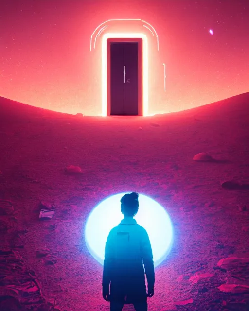 Image similar to a person standing in front of a glowy open door that's on a barren moon, poster art by mike winkelmann, trending on cg society, space art, sci - fi, ue 5, futuristic, volumetric lighting, light casting onto the ground, neat composition and camera angle