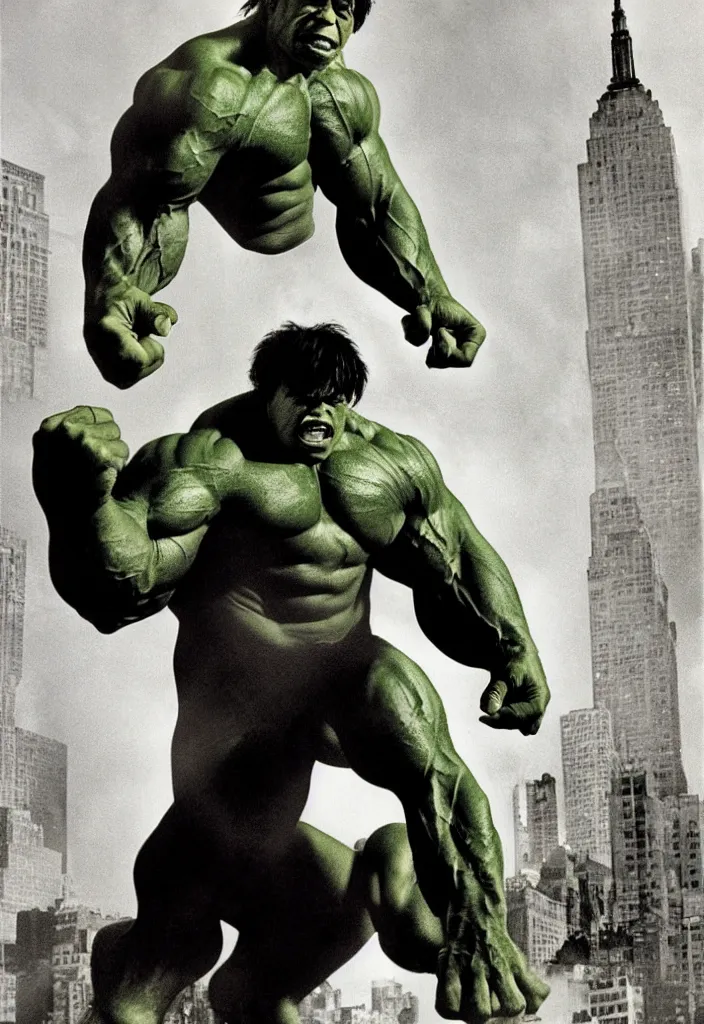 Image similar to a color photo portrait of the incredible hulk looking angry in new york city by richard avedon dramatic lighting.