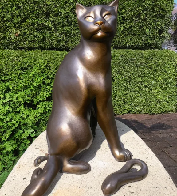 Image similar to a 4 k photorealistic photo medium shot of a bronze statue of a cat.