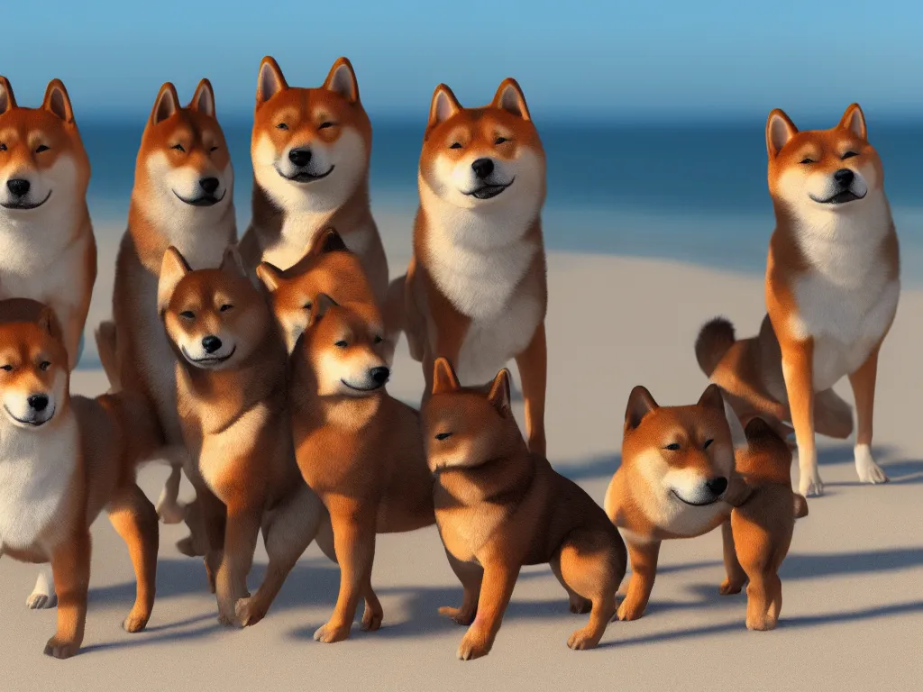 Prompt: a family of shiba inu dogs at the beach, photorealistic, insane engine, high definition, 3d render, trending on artstation,