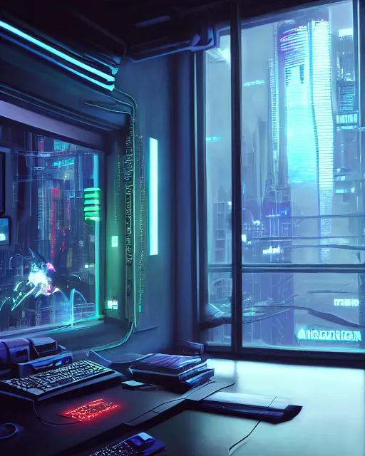 Prompt: cyberpunk scifi scene of a futuristic computer interface, artstation, matt painting, a window view, a tall floor plant, very detailed, maximalism, ambient occlusion, volumetric light, atmospheric haze, unreal engine, hyper realism, realistic shading, cinematic composition, realistic render, octane render, detailed textures, photorealistic, wide shot