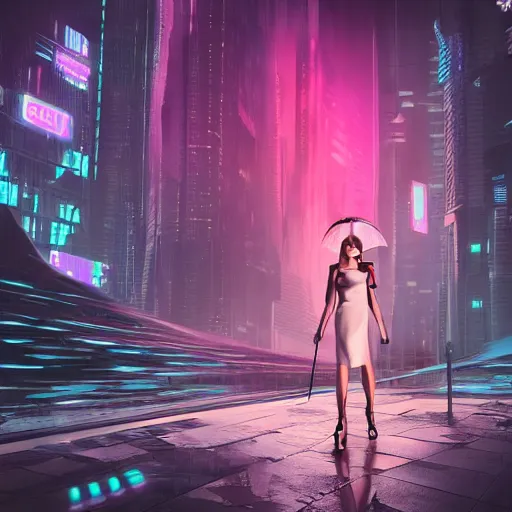 Image similar to a picture of a woman holding an umbrella, futuristic city, cyberpunk art by fyodor vasilyev, zbrush central contest winner, cubo - futurism, synthwave, darksynth, retrowave