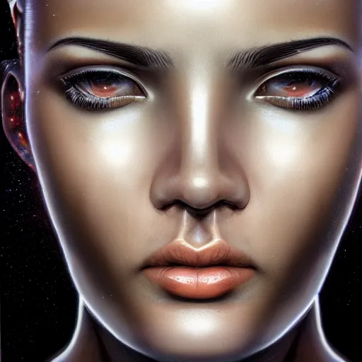 Prompt: closeup of sweating forehead, big drops of sweat, airbrush painting, forehead only, by Hajime Sorayama, symmetric face, beautiful face, highly realistic, star flares, trending on artstation, beautiful lighting, sharp, details, hyper-detailed, HD, HDR, 4K, 8K