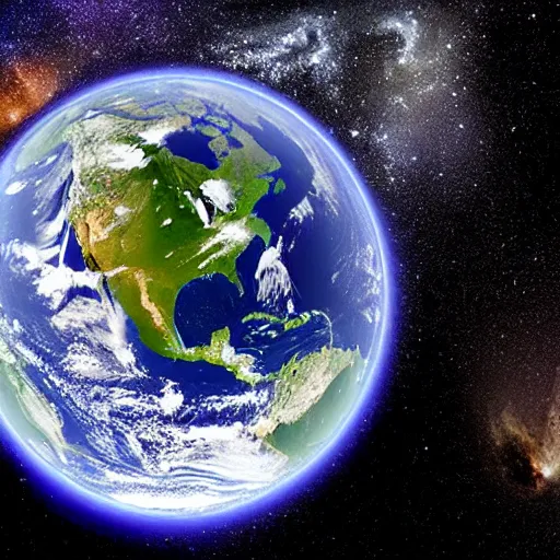 Image similar to landscape image : earth seen from space looking into a mirror reflecting a sphere resembling a black hole.